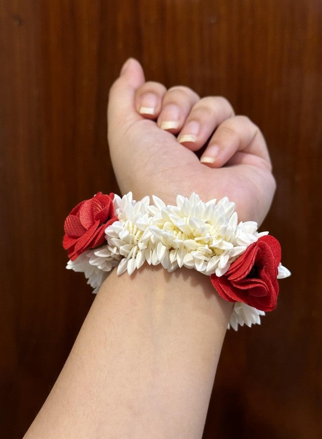AnNafi® Mogra White Gajra | Traditional Handmade Jasmine Bridal Hair and Hand Accessory | Flower Rubber Band (1, Red) - Image 5