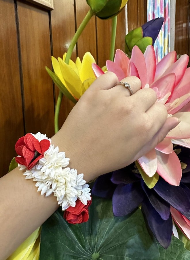 AnNafi® Mogra White Gajra | Traditional Handmade Jasmine Bridal Hair and Hand Accessory | Flower Rubber Band (1, Red) - Image 3
