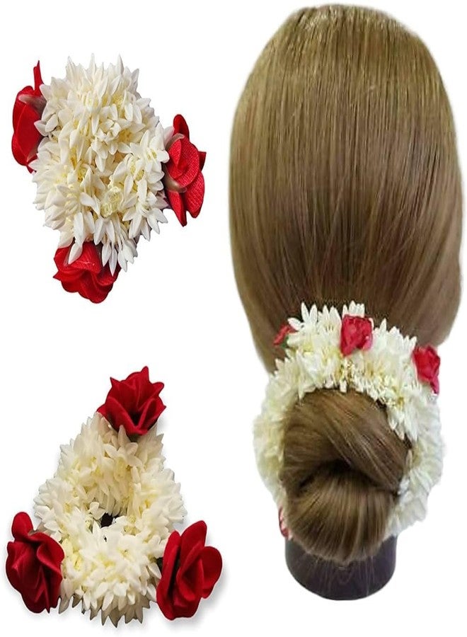 AnNafi® Mogra White Gajra | Traditional Handmade Jasmine Bridal Hair and Hand Accessory | Flower Rubber Band (1, Red) - Image 1