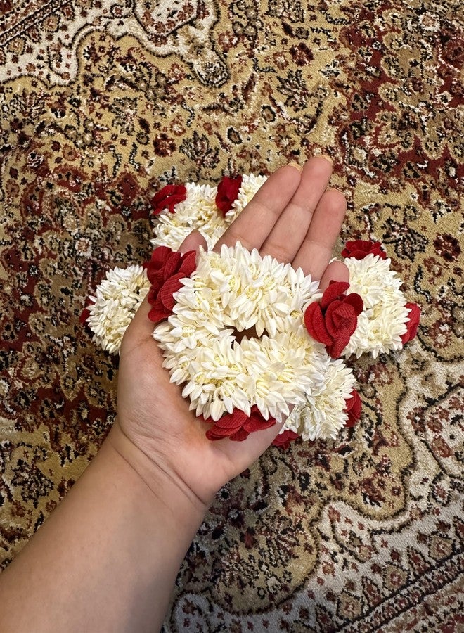 AnNafi® Mogra White Gajra | Traditional Handmade Jasmine Bridal Hair and Hand Accessory | Flower Rubber Band (1, Red) - Image 2