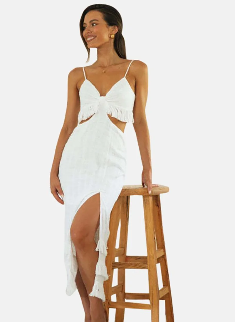 يونيكي White Women Shoulder Straps Sheath Front Slit Midi Dress