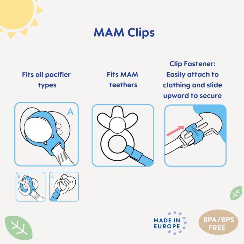 MAM Pacifier Clips (2 Clips), Clips for Pacifiers with Fasteners and Flexible Rings, Pacifier Clips for Boys, Designs May Vary - Image 2