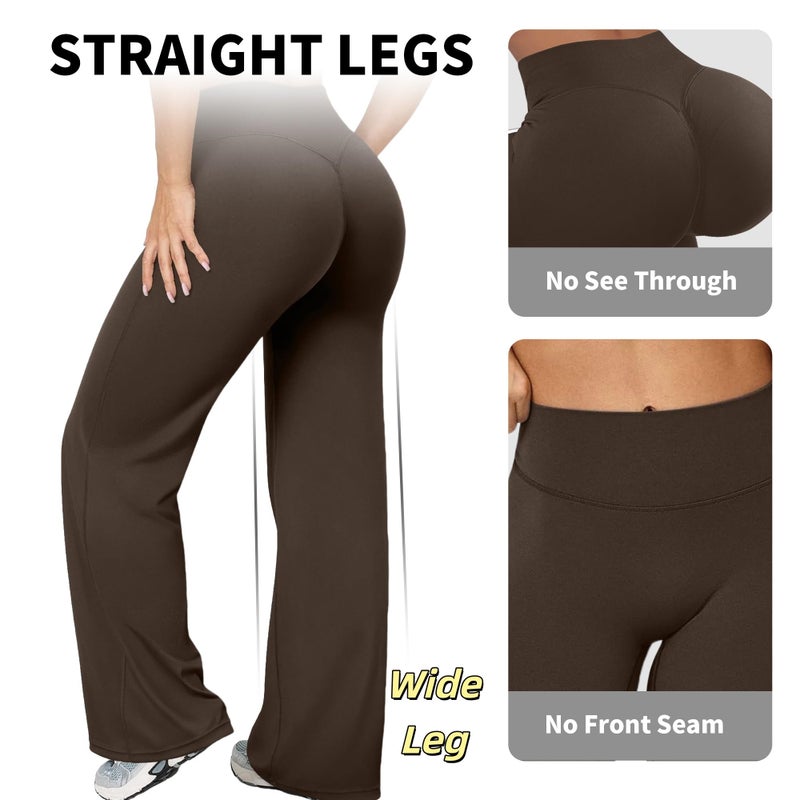 BumpGlow Women Straight Leggings Bottoms Wide Leg Pants High Waist Stretchy Comfy No Front Seam Yoga Workout Sweatpants Brown-M - Image 4