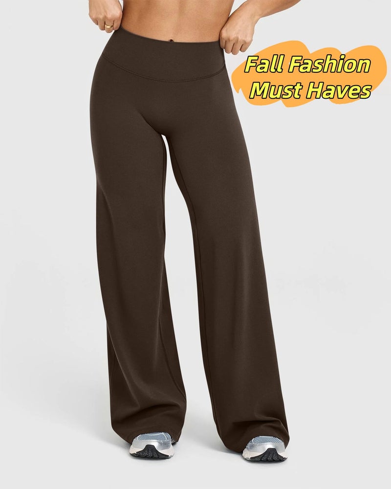 BumpGlow Women Straight Leggings Bottoms Wide Leg Pants High Waist Stretchy Comfy No Front Seam Yoga Workout Sweatpants Brown-M - Image 3