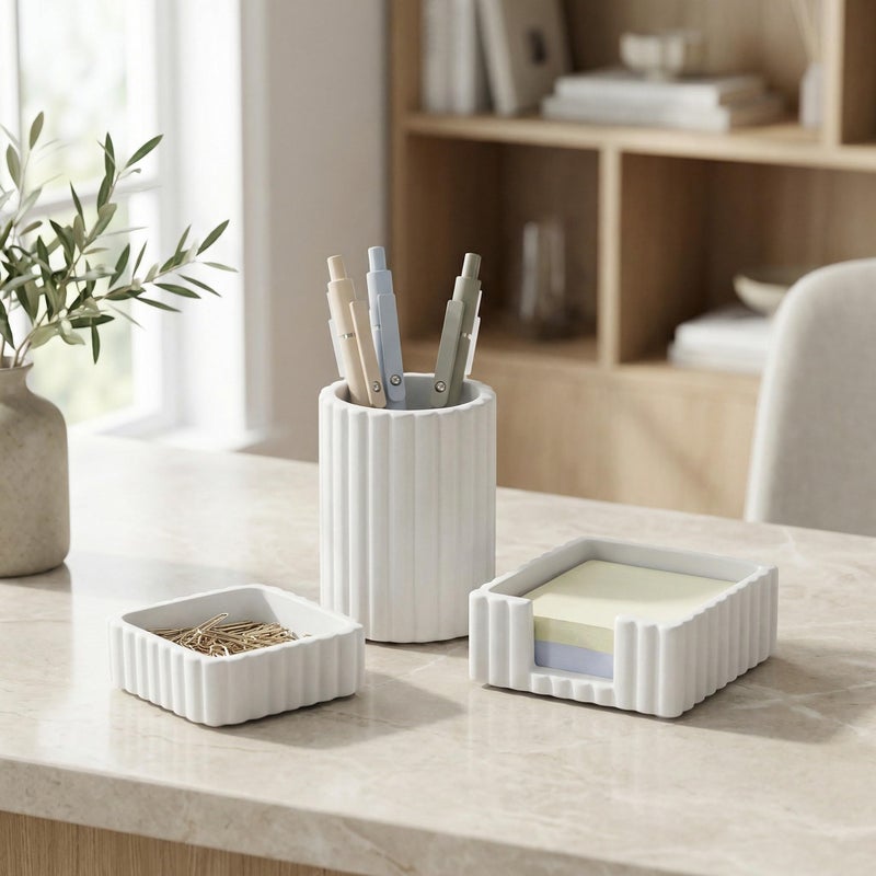 KIBAGA Modern Aesthetic Desk Accessories Set of 3 Stylish Concrete Organizers for Pens Office Supplies A Cute and Functional Addition to Your Workspace Decor - Image 2