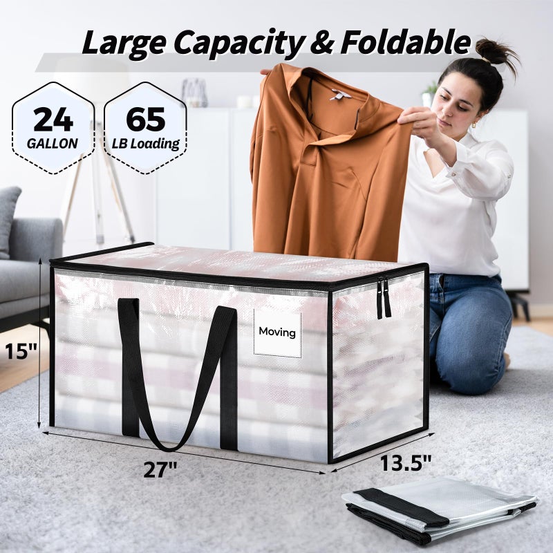 ukeetap 8 Pack Extra Large Heavy Duty Moving Bags, Clear Storage Bins with Lids, Reinforced Handles & Heavy-Duty Zippers Moving Boxes Storage Bags Totes for Clothes Packing, Dorms, College Supplies, Clear - Image 2