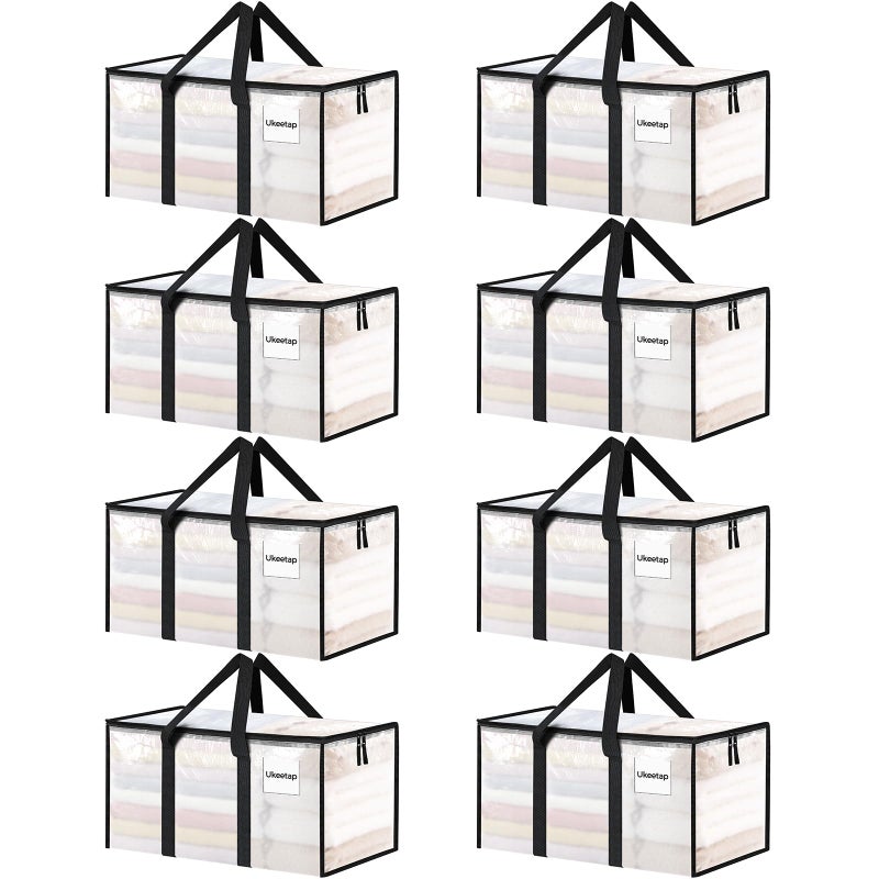 ukeetap 8 Pack Extra Large Heavy Duty Moving Bags, Clear Storage Bins with Lids, Reinforced Handles & Heavy-Duty Zippers Moving Boxes Storage Bags Totes for Clothes Packing, Dorms, College Supplies, Clear - Image 1