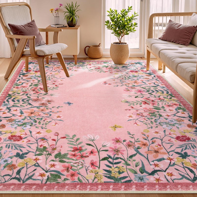 Wonnitar Washable Rug 5x7 Pink Rugs for Living Room Floral Print NonSlip Area Rugs for Bedroom Girls Soft Large Throw Carpet for Kids Nursery Room Pink5x7
