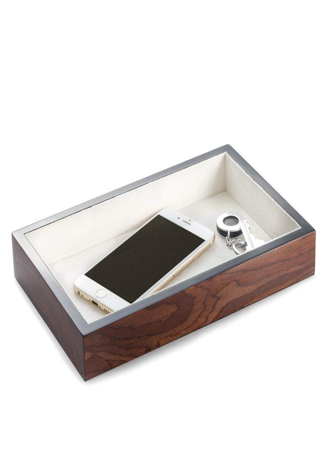 Bey-Berk Erin Burl Wood Valet Tray (Brown), 9.5" x 6" High-Lacquer Open Catchall for Phone, Keys, Wallet and Jewelry, Soft Velour-Lined Desk or Nightstand EDC Organizer