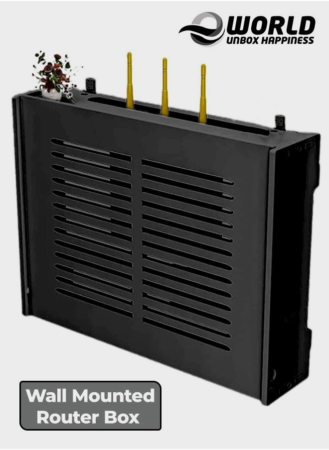 Eworld - Stylish Wall-Mounted Router Rack for Wi-Fi Router, Set-Top Box, Light Cat Box, and More, Includes Doors and Patch Panel Shielding Box for Neat Storage, Black - Image 1