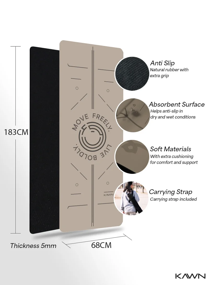 KAWN.YOGA Beige Mat. Non-Slip. Strap Included. High Performance Material Exercise Mat Ideal For Hiit, Plates, Yoga And Other Workouts