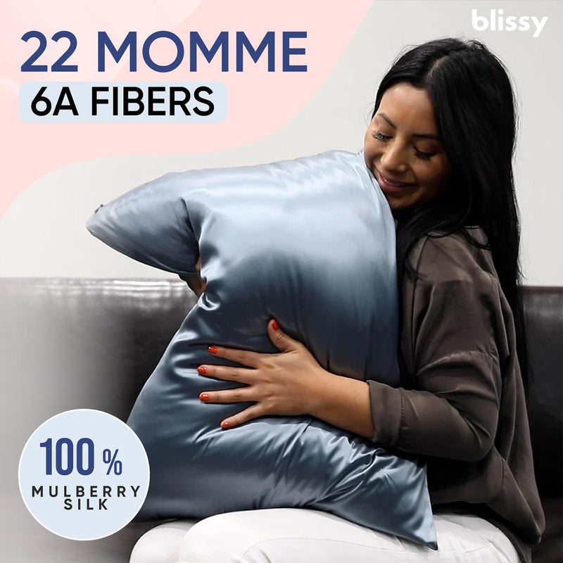 Blissy Silk Pillowcase - 100% Pure Mulberry Silk - 22 Momme 6A High-Grade Fibers - Silk Pillow Cover for Hair & Skin - Regular, Queen & King (Ash Blue, King) - Image 2