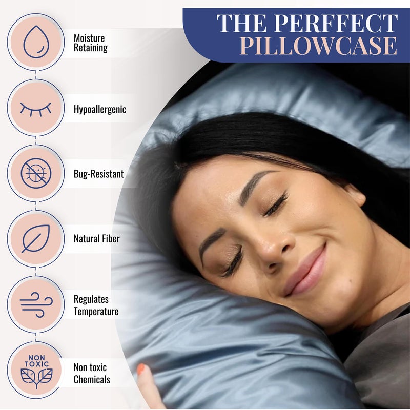 Blissy Silk Pillowcase - 100% Pure Mulberry Silk - 22 Momme 6A High-Grade Fibers - Silk Pillow Cover for Hair & Skin - Regular, Queen & King (Ash Blue, King) - Image 4
