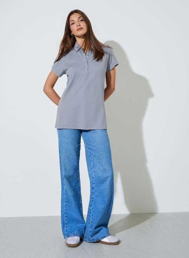 ستايلي Grey Solid Longline Polo T-Shirt