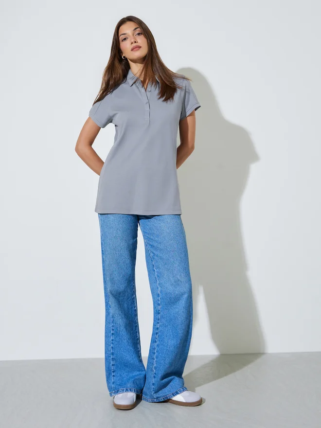 Styli Styli Grey Solid Longline Polo T-Shirt