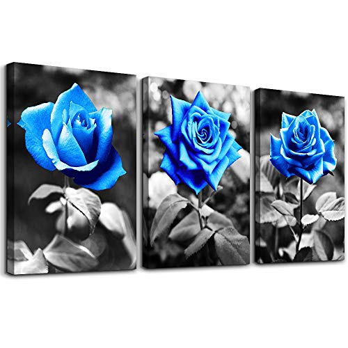 TTHYUEWS Canvas Wall Art For Living Room Family Wall Decor For Bedroom Black And White Pictures Artwork Blue Rose Flowers Wall Paintings Modern Office Bathroom Kitchen Wall Decorations 12" X 16" 3 Pieces - Image 1