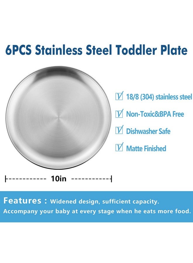 HaWare HaWare 6-Piece 18/8 Stainless Steel Plates, Metal 304 Dinner Dishes for Kids Toddlers Children, 10 Inches Feeding Serving Camping Plates, Reusable and Dishwasher Safe - Image 2