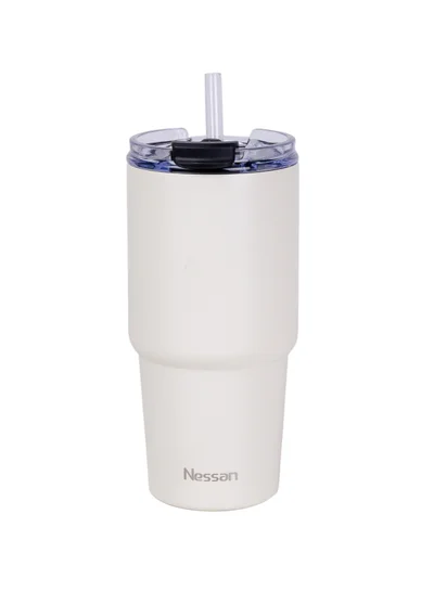 Nessan Nessan Double Wall Stainless Steel Vacuum Insulated Travel Mug Tumbler with Dual Function Lid and Straw for Water, Iced Tea or Hot Coffee, Smoothie and More (Cream, 480ml)