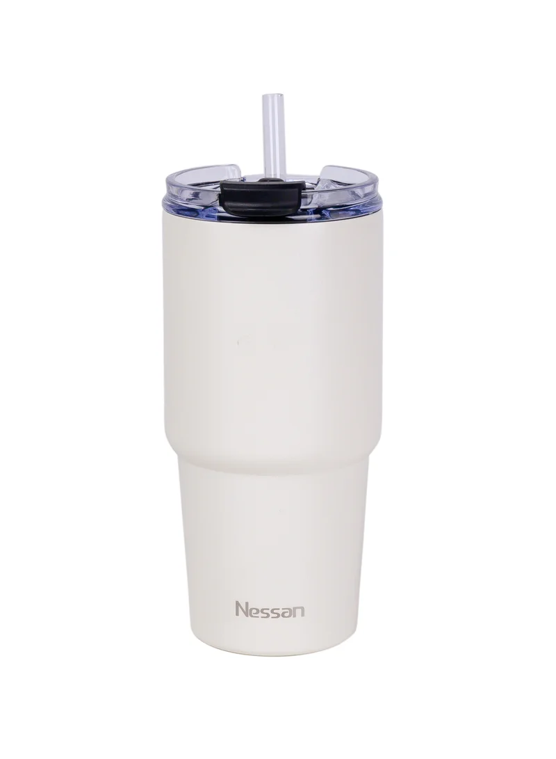 نيسان Nessan Double Wall Stainless Steel Vacuum Insulated Travel Mug Tumbler with Dual Function Lid and Straw for Water, Iced Tea or Hot Coffee, Smoothie and More (Cream, 480ml)