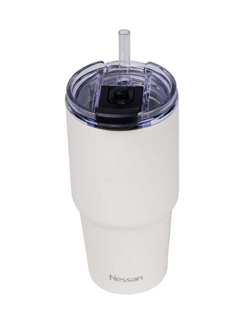 نيسان Nessan Double Wall Stainless Steel Vacuum Insulated Travel Mug Tumbler with Dual Function Lid and Straw for Water, Iced Tea or Hot Coffee, Smoothie and More (Cream, 480ml)