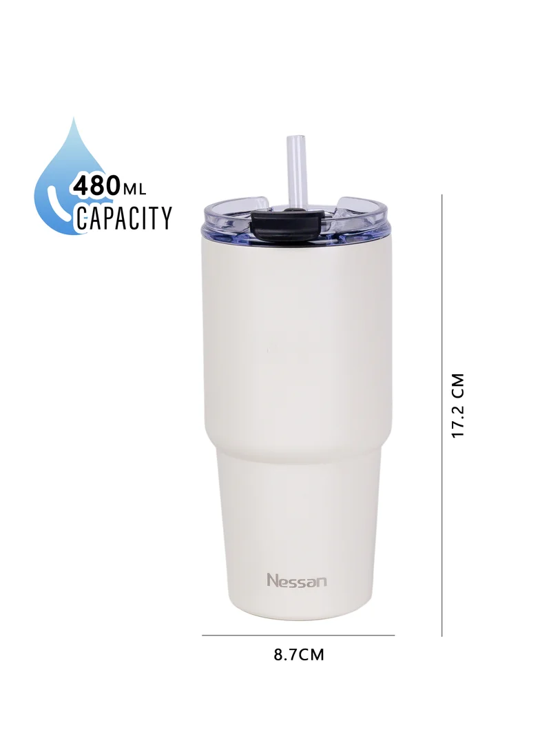 نيسان Nessan Double Wall Stainless Steel Vacuum Insulated Travel Mug Tumbler with Dual Function Lid and Straw for Water, Iced Tea or Hot Coffee, Smoothie and More (Cream, 480ml)