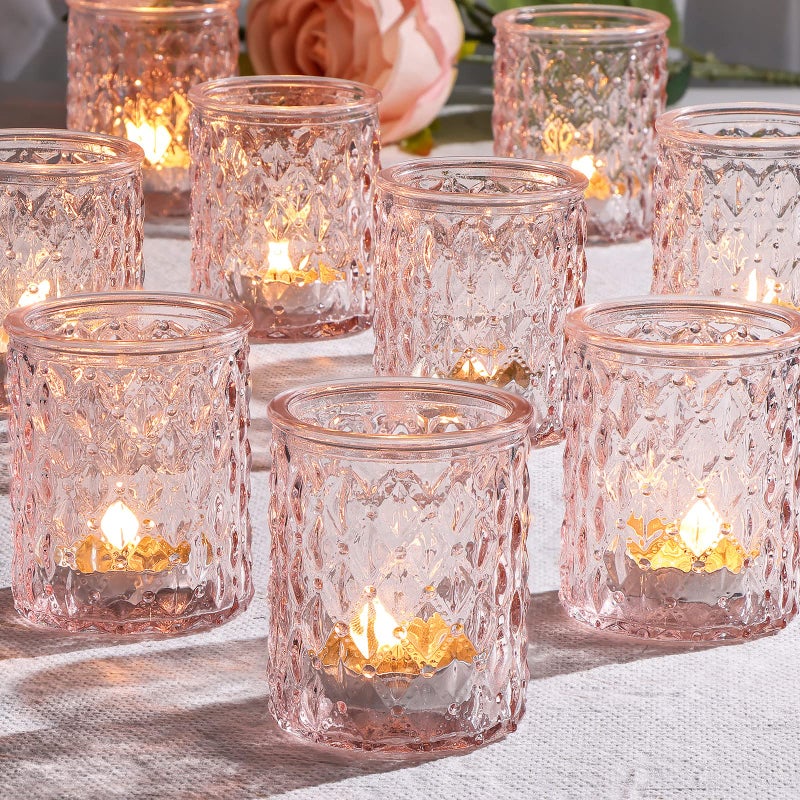 NITIME 12pcs Pink Votive Candle Holders Tealight Candle Holder for Valentines Day Baby Shower Decorations for Girl Glass Candle Holder for Wedding Centerpieces Bridal Shower Party Decorations