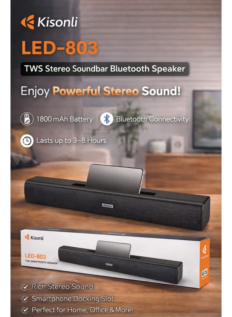 Kisonli TWS Stereo Soundbar Bluetooth Speaker (LED-803) with Smartphone Docking Slot, 1800mAh Rechargeable Battery, Black - Image 1