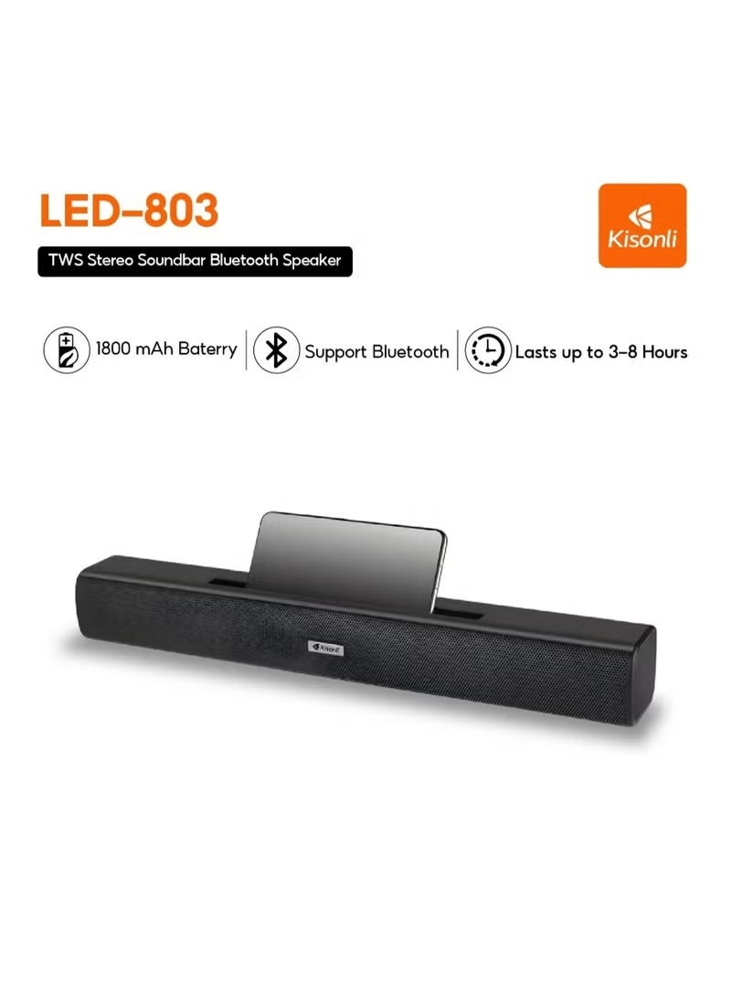 Kisonli TWS Stereo Soundbar Bluetooth Speaker (LED-803) with Smartphone Docking Slot, 1800mAh Rechargeable Battery, Black - Image 3