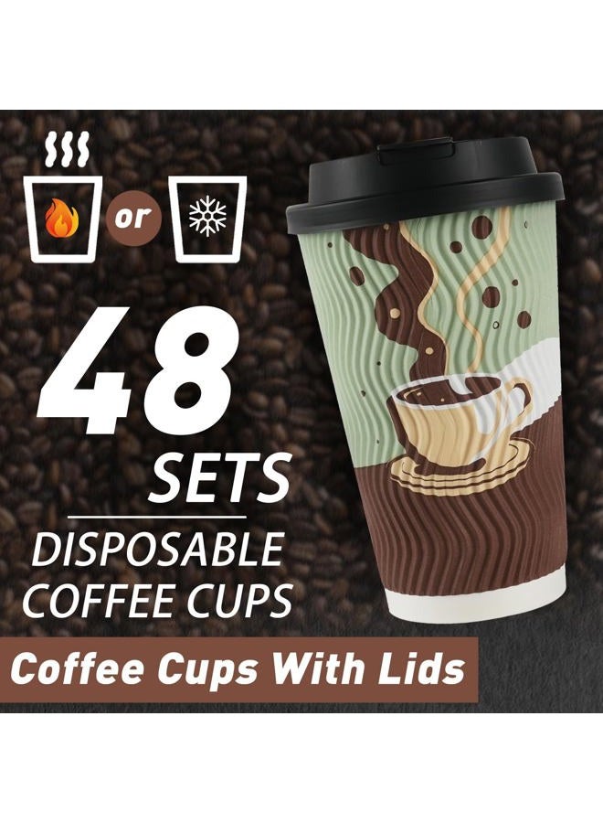 CUPLOOV 48 pack 16 oz Disposable Coffee Cups with Lids, Corrugated Ripple Wall Insulated Paper Cups for Hot Cold Drink, Home, Office, Coffee Bar - Image 3