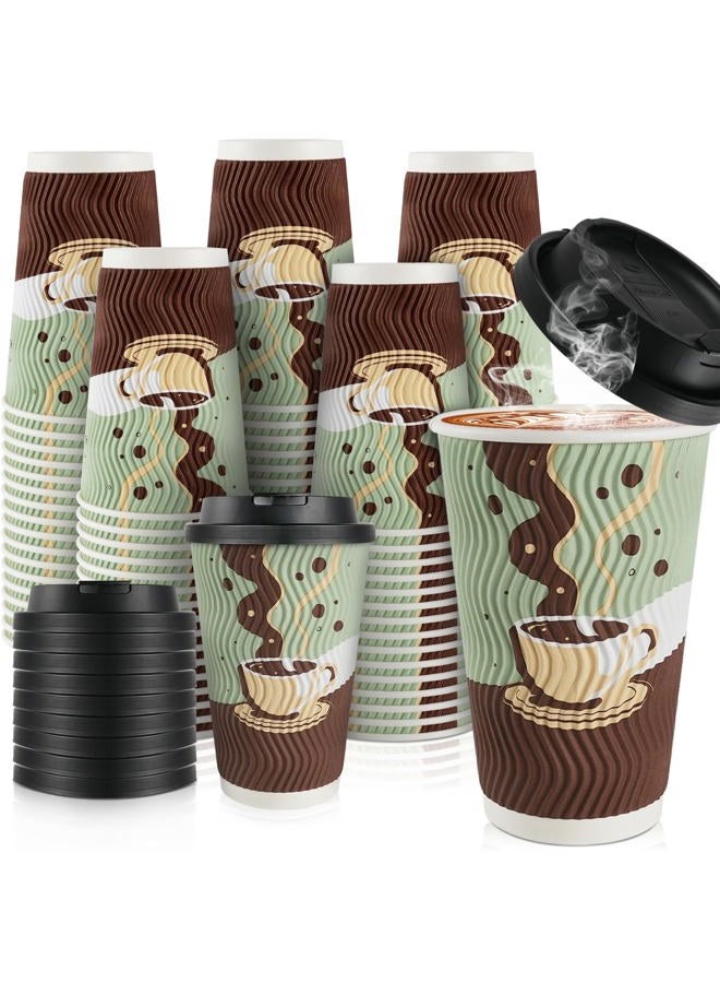 CUPLOOV 48 pack 16 oz Disposable Coffee Cups with Lids, Corrugated Ripple Wall Insulated Paper Cups for Hot Cold Drink, Home, Office, Coffee Bar - Image 1
