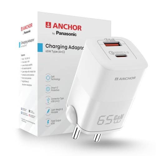 Anchor أنكور من باناسونيك شاحن حائط سريع بقدرة 65W بتقنية GaN ومنفذين من نوع C، محول سفر مدمج مع حماية من الدائرة القصيرة، شحن عالي السرعة للسامسونج، آيفون، سماعات الرأس، الكاميرا، اللابتوب - Image 1