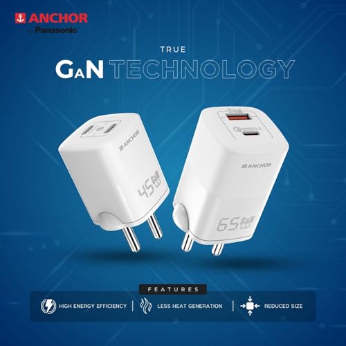 Anchor أنكور من باناسونيك شاحن حائط سريع بقدرة 65W بتقنية GaN ومنفذين من نوع C، محول سفر مدمج مع حماية من الدائرة القصيرة، شحن عالي السرعة للسامسونج، آيفون، سماعات الرأس، الكاميرا، اللابتوب - Image 3