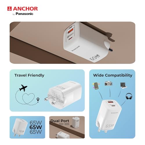 Anchor أنكور من باناسونيك شاحن حائط سريع بقدرة 65W بتقنية GaN ومنفذين من نوع C، محول سفر مدمج مع حماية من الدائرة القصيرة، شحن عالي السرعة للسامسونج، آيفون، سماعات الرأس، الكاميرا، اللابتوب - Image 4