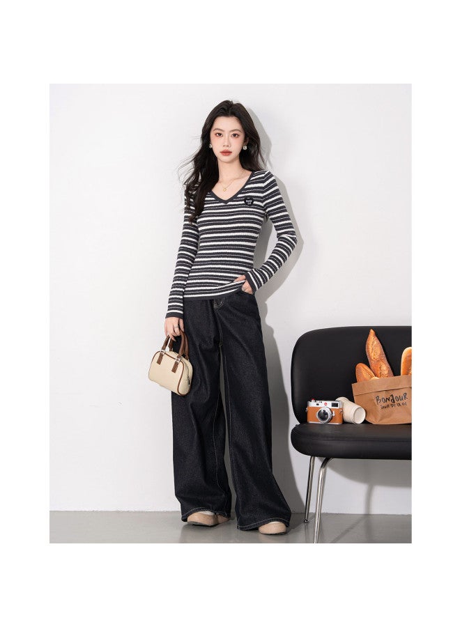 Hstyle Korean-style Color Block Striped V-neck Knitted Top For Women - Slim Fit Long Sleeve Shirt For Spring, Suitable For Layering Or Outerwear - Image 5