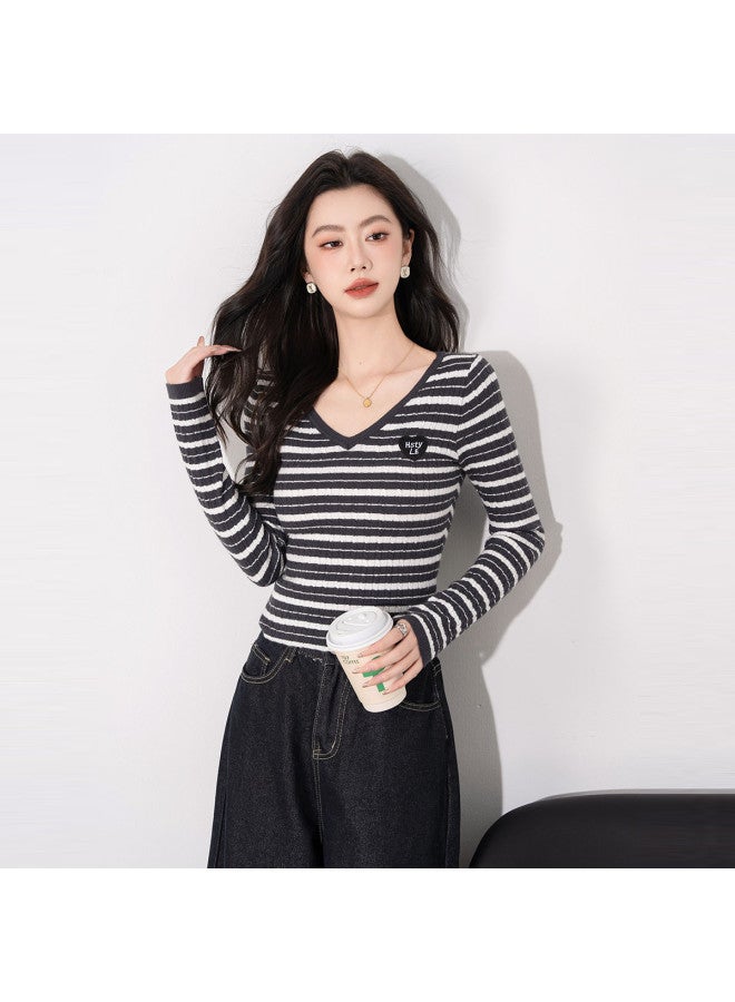 Hstyle Korean-style Color Block Striped V-neck Knitted Top For Women - Slim Fit Long Sleeve Shirt For Spring, Suitable For Layering Or Outerwear - Image 4