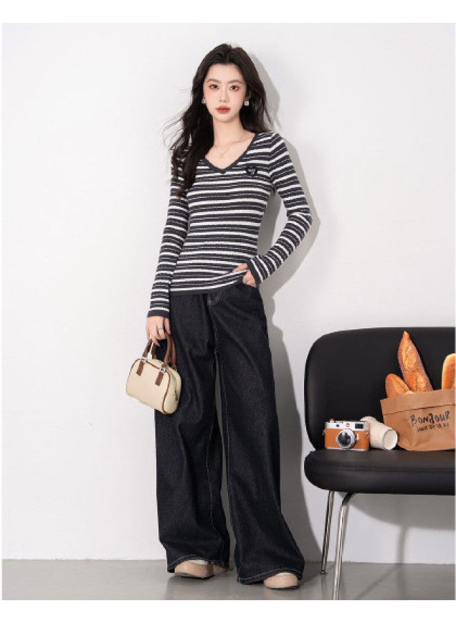 Hstyle Korean-style Color Block Striped V-neck Knitted Top For Women - Slim Fit Long Sleeve Shirt For Spring, Suitable For Layering Or Outerwear - Image 1