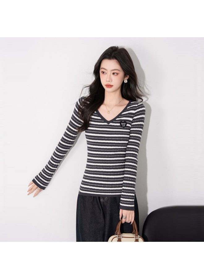Hstyle Korean-style Color Block Striped V-neck Knitted Top For Women - Slim Fit Long Sleeve Shirt For Spring, Suitable For Layering Or Outerwear - Image 3