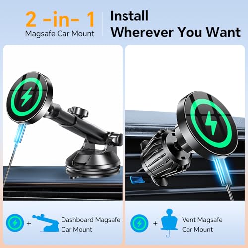 Coolpow for MagSafe Car Mount Charger【Ultra Magnet】Magnetic Phone Holders for Your Car Charger【Windshield+Vent+Dash】Magnetic Wireless Car Phone Holder Charger Car Mount for iPhone 17 Pro Max 16 15 14 - Image 2