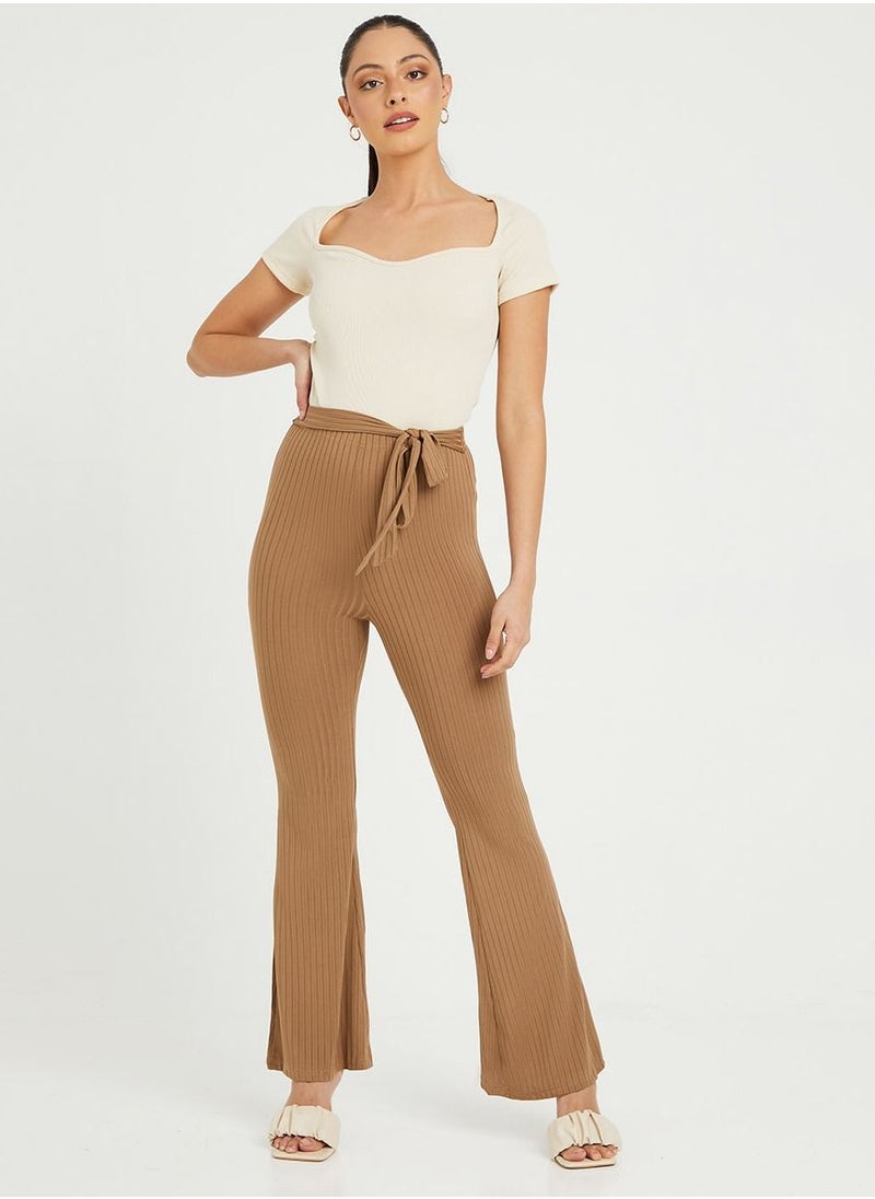 Styli - Self Tie Detail Brushed Rib Flare Leg Trouser - Image 1
