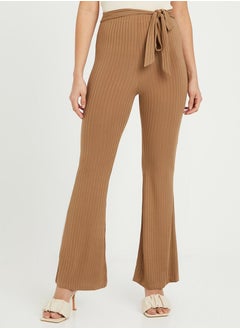 Self Tie Detail Brushed Rib Flare Leg Trouser