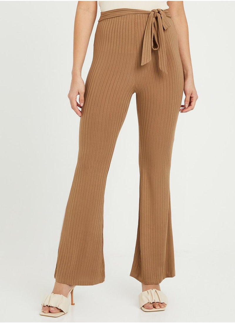 Styli - Self Tie Detail Brushed Rib Flare Leg Trouser - Image 1
