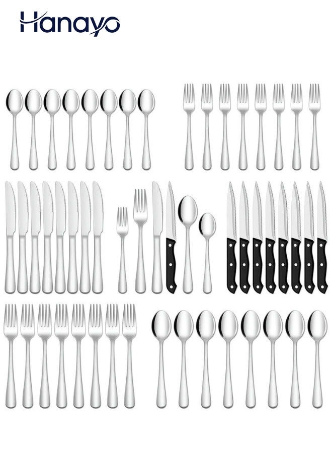 Hanayo طقم أدوات مائدة مكون من 48 قطعة لطاولة 8 أشخاص من الفولاذ المقاوم للصدأ مع سكاكين وملاعق وشوك أدوات مطبخ منزلية (فضي) - Image 1
