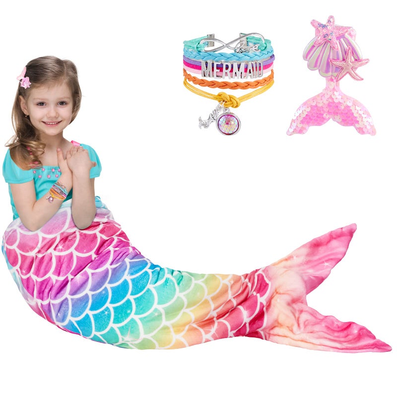Wernnsai WERNNSAI Mermaid Tail Blanket  Wearable Mermaid Soft Blanket with Hairpin and Bracelet for Girls Kids Rainbow Soft Flannel Snuggle Blanket 55 x 24 Gift for Birthday Christmas 
