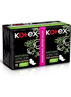 Kotex Kotex Natural Ultra Thin Pads, 100% Cotton Pad, Super Size Sanitary Pads with Wings, 16 Sanitary Pads  - Image 2