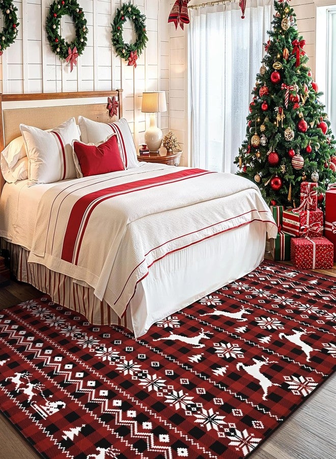 ASPMIZ Christmas Area Rugs 5x7, Buffalo Plaid Rugs for Living Room, Red Reindeer Washable Rug Low Pile, Snowflake Bedroom Rug Non Slip, Soft Faux Wool Throw Carpet for Christmas Decorations - Image 2