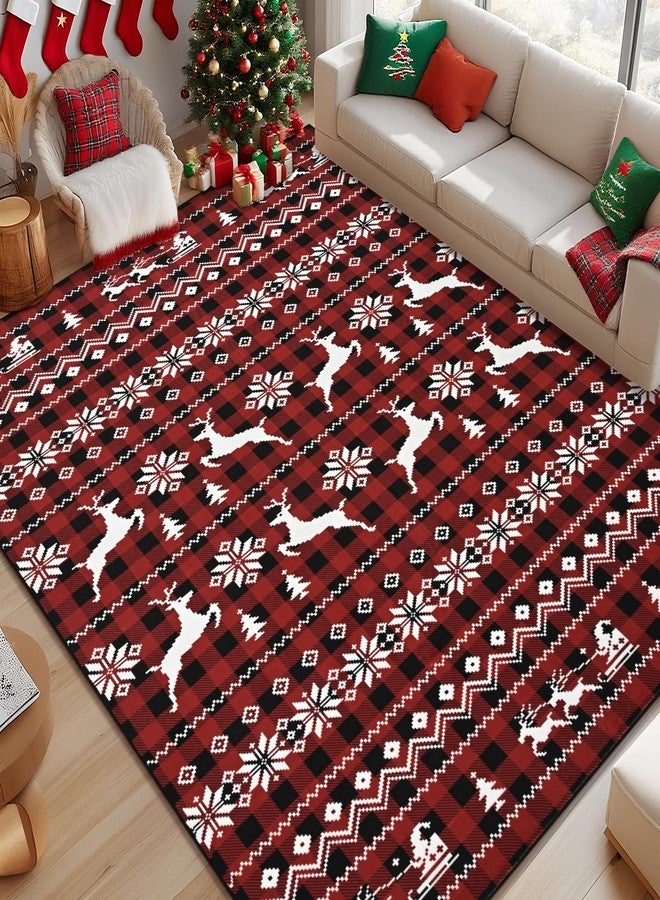 ASPMIZ Christmas Area Rugs 5x7, Buffalo Plaid Rugs for Living Room, Red Reindeer Washable Rug Low Pile, Snowflake Bedroom Rug Non Slip, Soft Faux Wool Throw Carpet for Christmas Decorations - Image 1