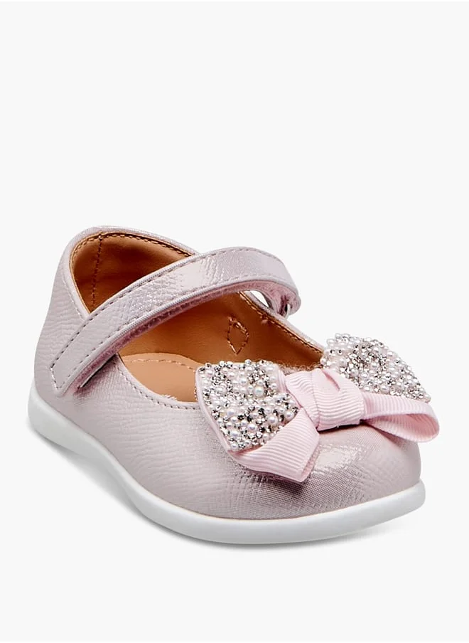 حافي القدمين Girls Bow Embellished Mary Jane Shoes with Hook and Loop Closure