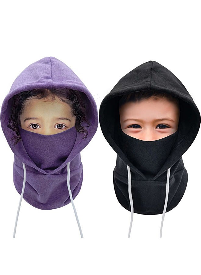 Ineetatu Kids Winter Balaclava Windproof Hats (2 Pack), Warm Fleece Ski Mask Neck Warmer for Boys & Girls, Adjustable Full Face Cover, Black + Purple, One Size - Image 1