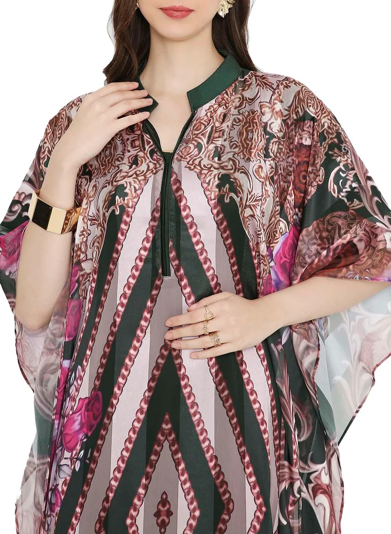 هانا آند سارا MULTICOLOUR PRINTED LONG MODEST WITH COLLARED NECK ARABIC KAFTAN JALABIYA DRESSES