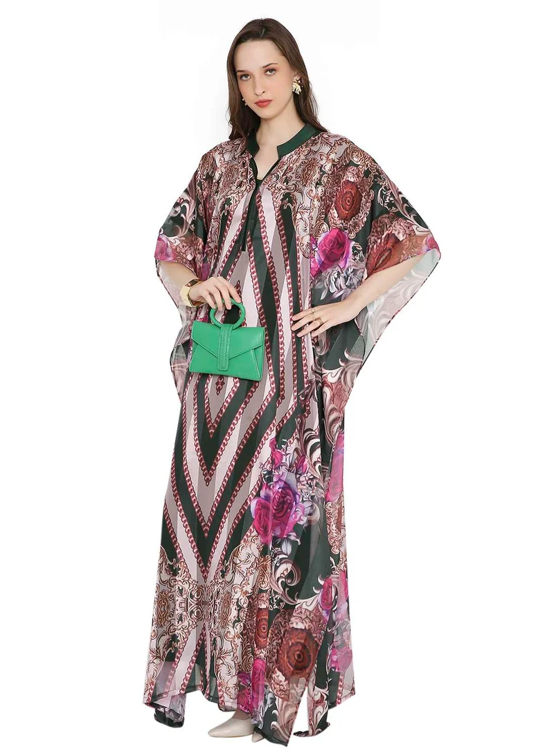 هانا آند سارا MULTICOLOUR PRINTED LONG MODEST WITH COLLARED NECK ARABIC KAFTAN JALABIYA DRESSES